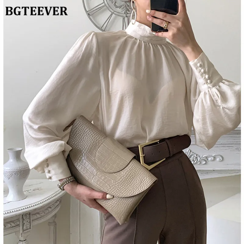 

BGTEEVER, винтажная блузка с рукавами-фонариками, женские рубашки свободного кроя с воротником-стойкой, топы, весна 2021