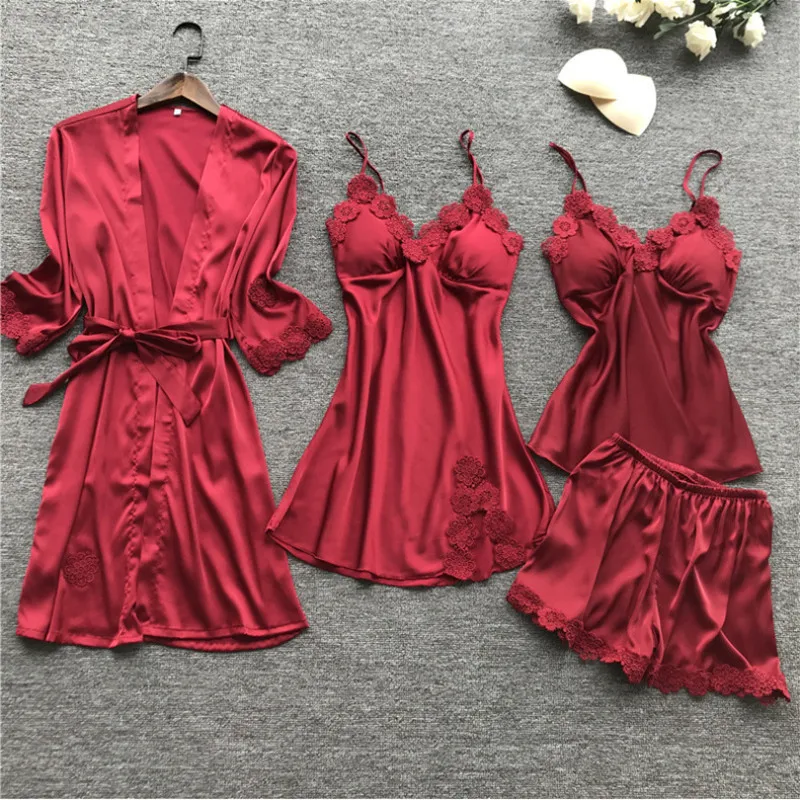 

Women's Pajamas Summer New Four-piece Suspenders Imitation Silk Shorts Long-sleeved Sexy Silky Home Wear Suit