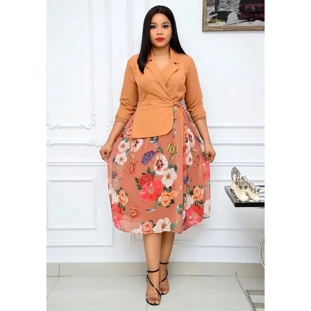 

Flower Print Patchwork Classic Fashion Women Office Dress Turn Collar Long Sleeve Elegant Lady Dresses Free Shipping