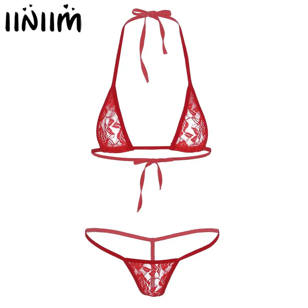 

Women Lingerie Set Lace See Through Transparent Sheer Halterneck Mini Micro Bikini Bra Top with T-back Thong Briefs Underwear