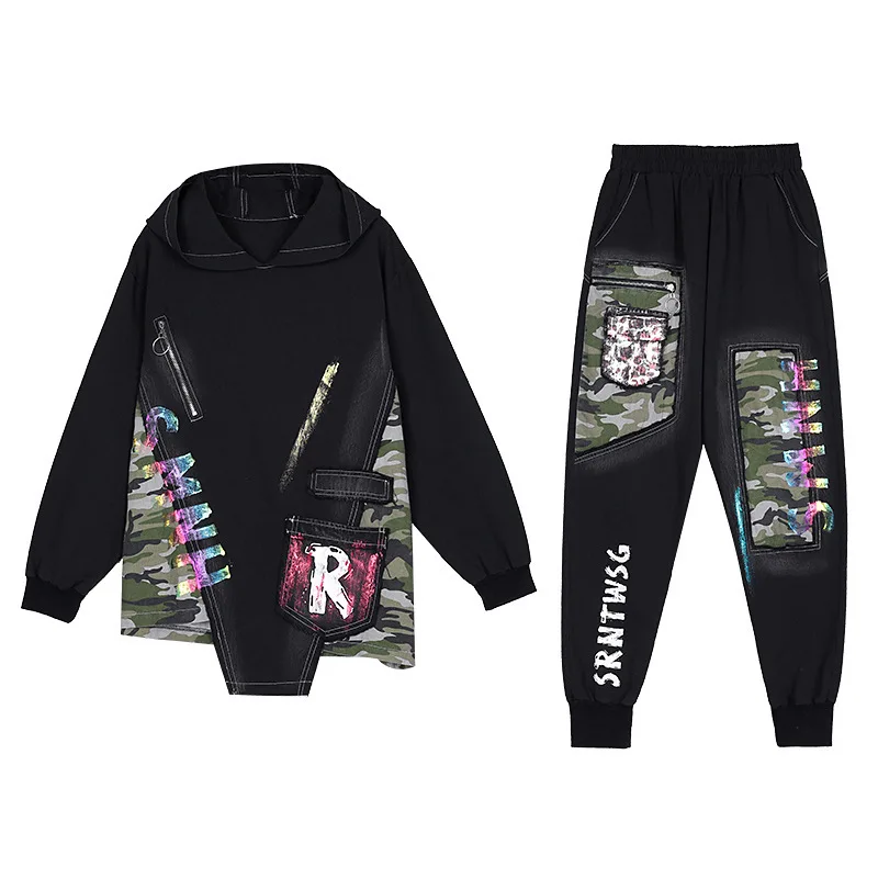 

Spring Hoodies 2 Pieces Sets Korean Fashion Ladies Patchwork Casual Camouflage Suits Loose Hooded Tops And Printing Sweat Pants