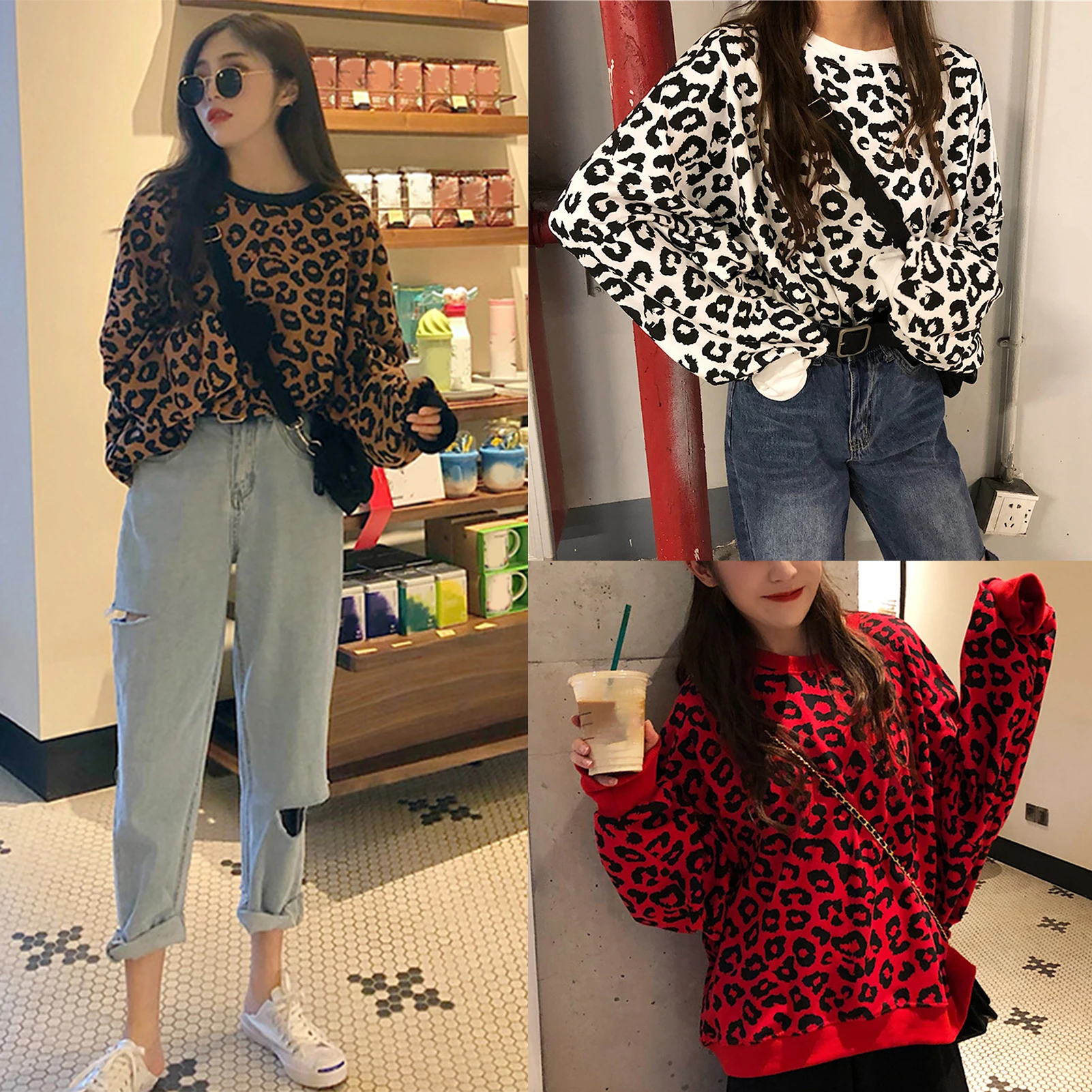 

Fashion Women Autumn Winter Long Sleeve Blouse Leopard Print Loose Sweatshirt