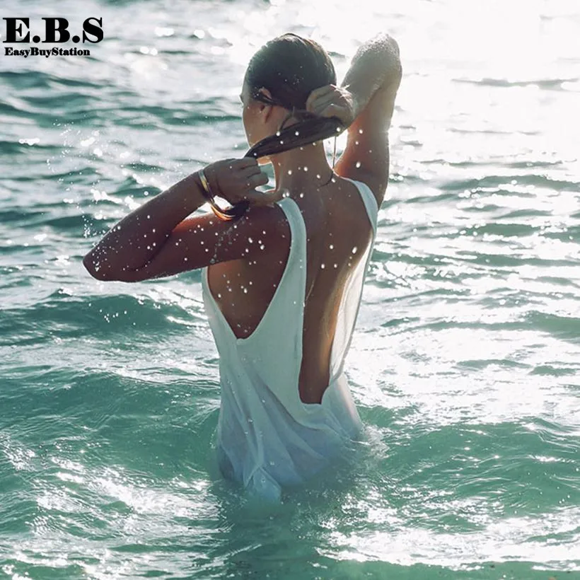 Europe sexy swimsuit cover up women summer beach kaftan beach cover up long dress chiffon white backless maxi dress beachwear