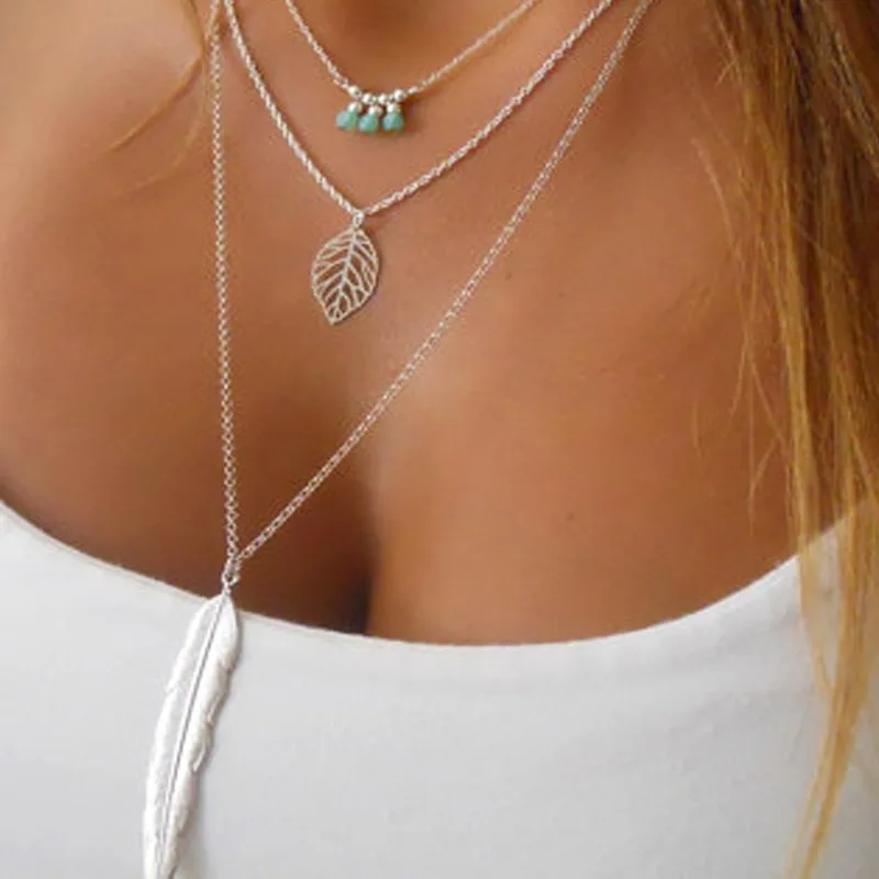 

Boho Multilayer Necklaces for Women Delicate Feather Leaves Pendant Chain Link Gold Silver Color Lady Statement Jewelry Gift