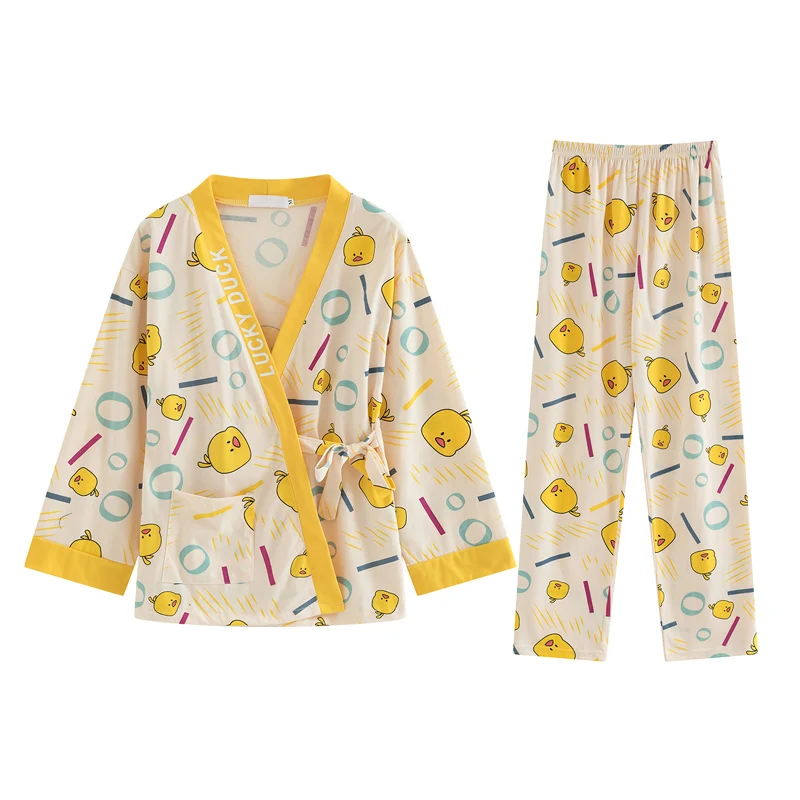 

Kimono Pajamas Women's Spring and Autumn Cotton Thin Long Sleeve Cute Duck Two-Piece Suit Winter Cotton Student Homewear