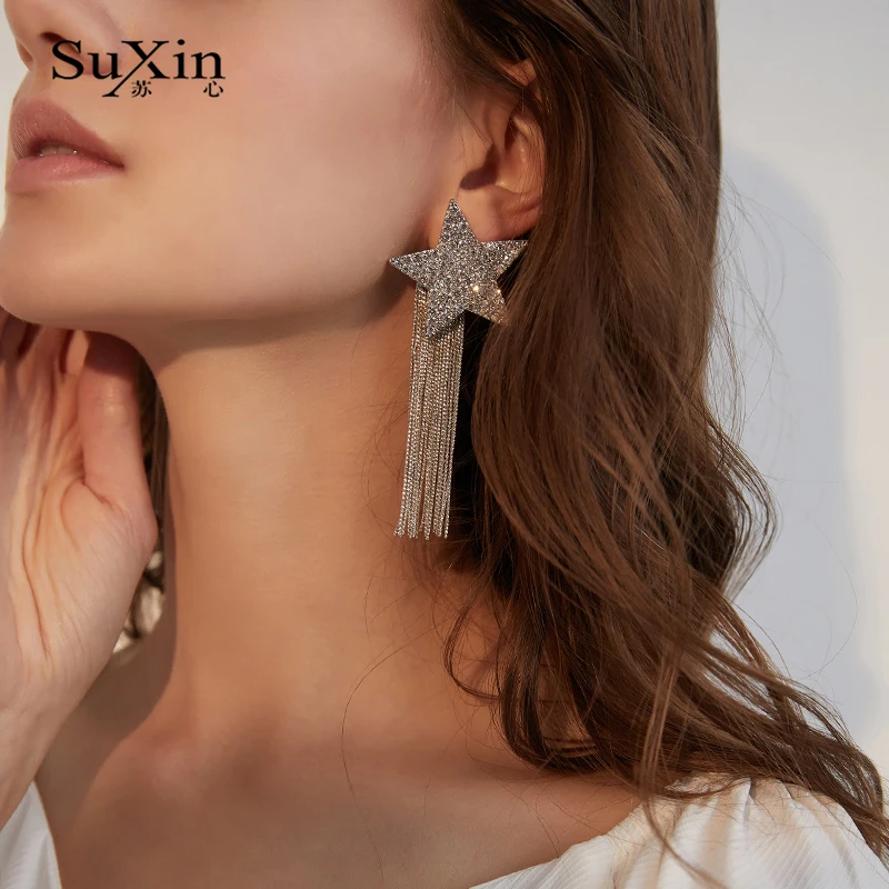 Серьги SuXin 2020 новые модные пятиконечные звездочные серьги для женщин длинные