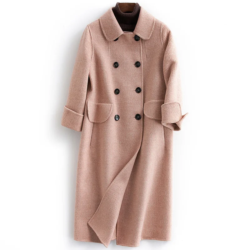 Autumn Winter Wool Coat Women Double Breasted Coats Female Alpaca Long Jackets Sided Woolen Spring Pink Overcoat LWL1314 | Женская