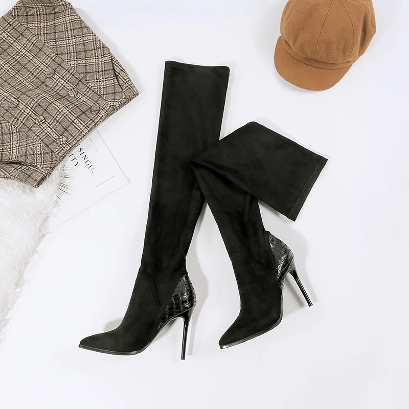Женские ботфорты выше колена на Высоком толстом каблуке 11 см пикантные сапоги