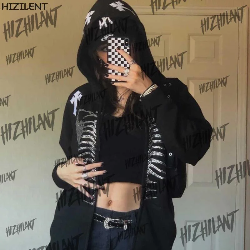 

Sell Well Zip-up Goth Plus Size Hoodies Women Clothes Fashion Vintage skeleton Rhinestone Long Sleeve Oversized Hoodie Clothes