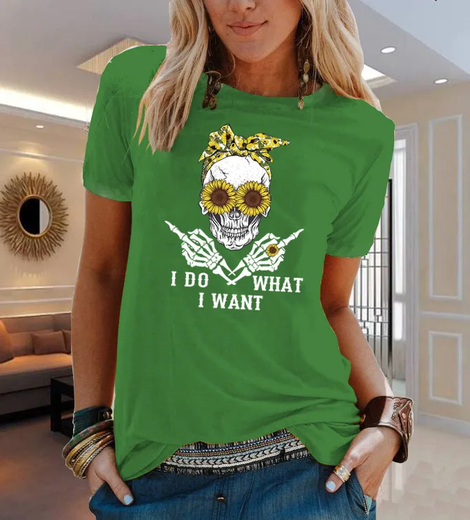 

Tshirt Short Sleeve Kawaii Skull Flower Funny Letter Print Summer t Shirt Casual O-Neck Top Tee Summer Female T-Shirt Loose