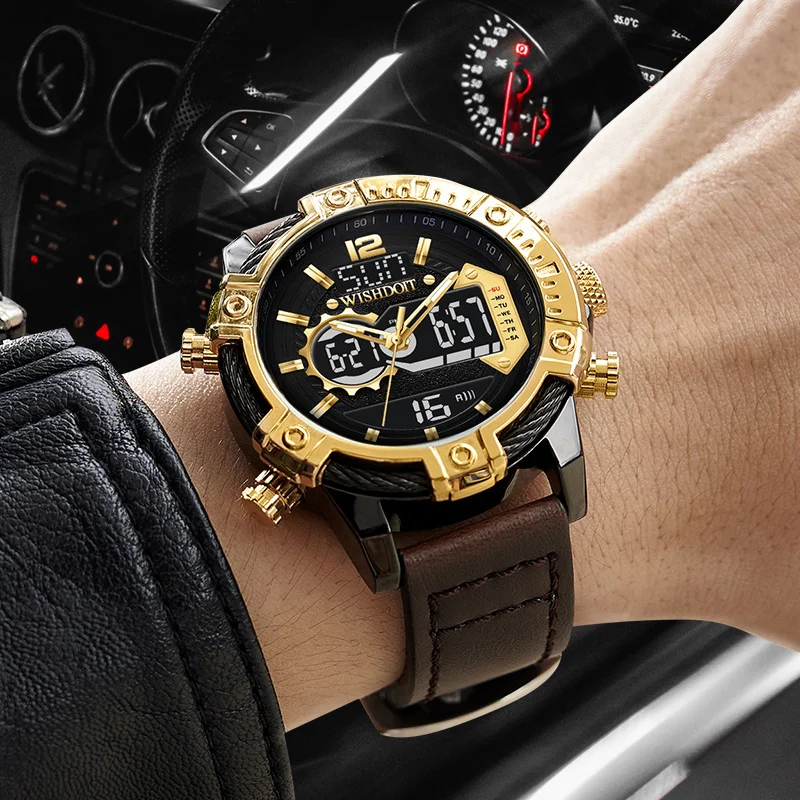

2021 Men's Watch Top Brand Luxury Leather Sports DOIT Watch Gold Bla Men's Quartz LED Digital Clo Waterproof Military