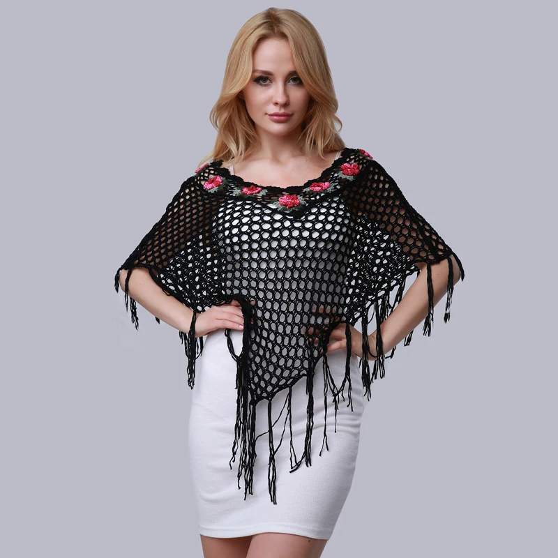 Summer Women High-grade Crochet Hook Flower Fringed Cloak Knitting Hollow Out Female Irregular Shawl Top | Женская одежда
