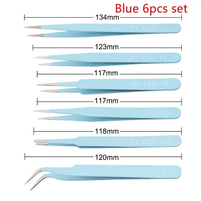 Blue 6pcs set 2, 6 штук в партии, ESD анти-статические Нержавеющая сталь Пинцет Набор Электроника техническое обслуживание набор инструментов для ремонта точность изготовление модельного ряда, набор ручных инструментов - Тип головки пинцета: Blue 6pcs set