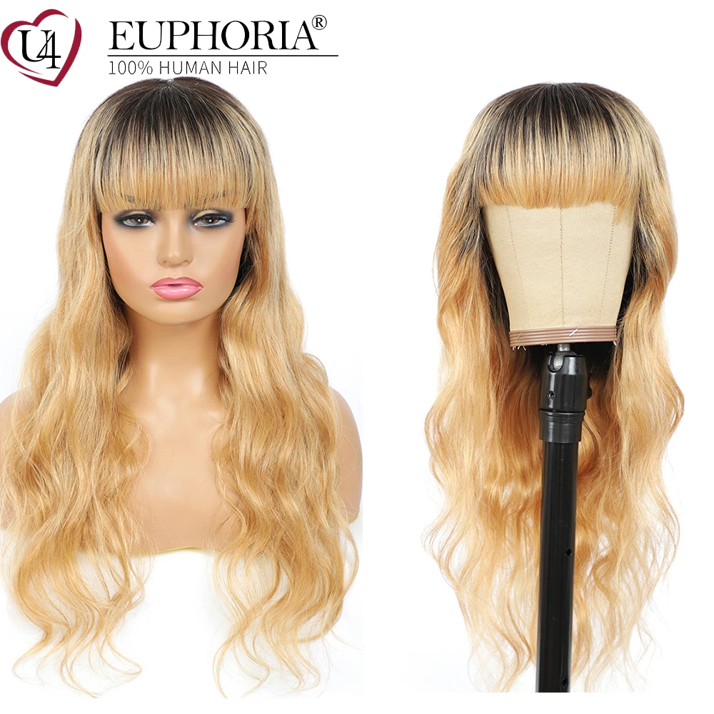 Ombre Blonde 27 Body Wave Hair Wig Brazilian Remy Full Machine Made Wigs With Bangs Red BURG Natural Colored EUPHORIA | Шиньоны и