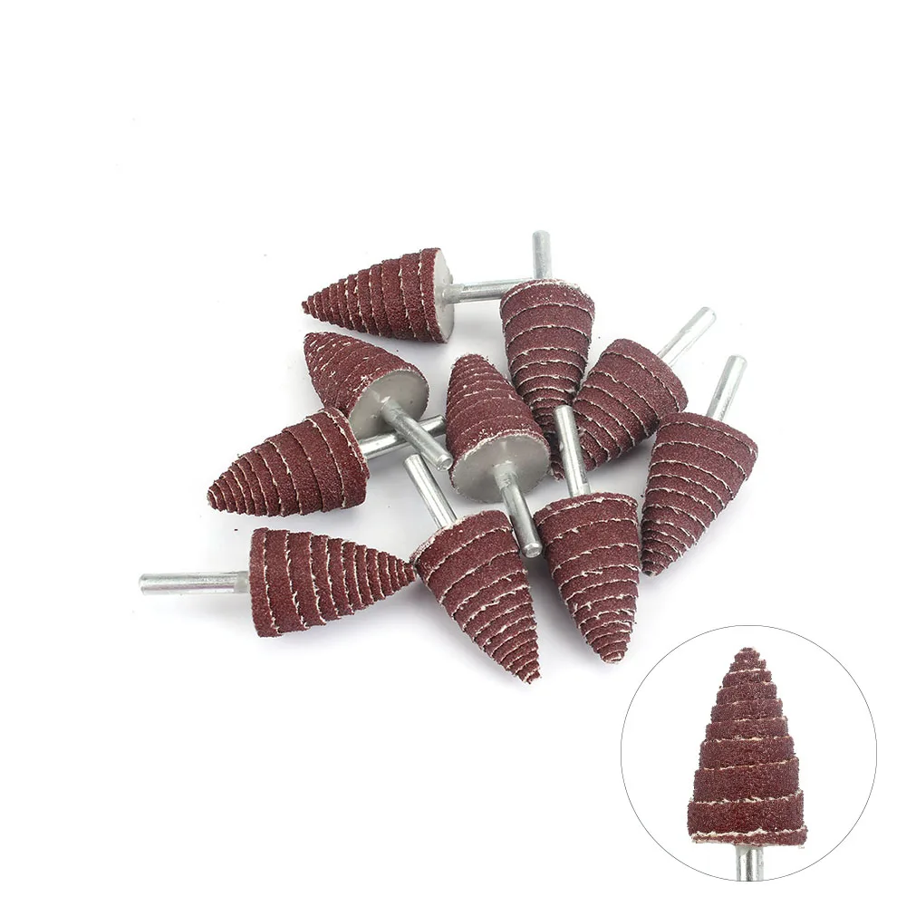 Шлифовальные головки конической формы с лепестками зернистости на полотне для полировки и шлифовки с насадкой на сверлильную машину с хвостовиком 3 мм.
