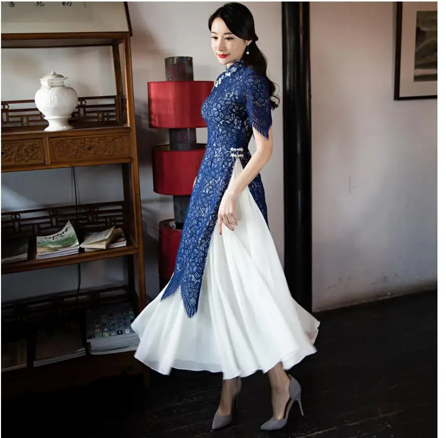 Сексуальное кружевное платье аозай, традиционная одежда Вьетнама, qipao, женские халаты из 2 предметов+ юбки, китайское женское элегантное платье, улучшенное