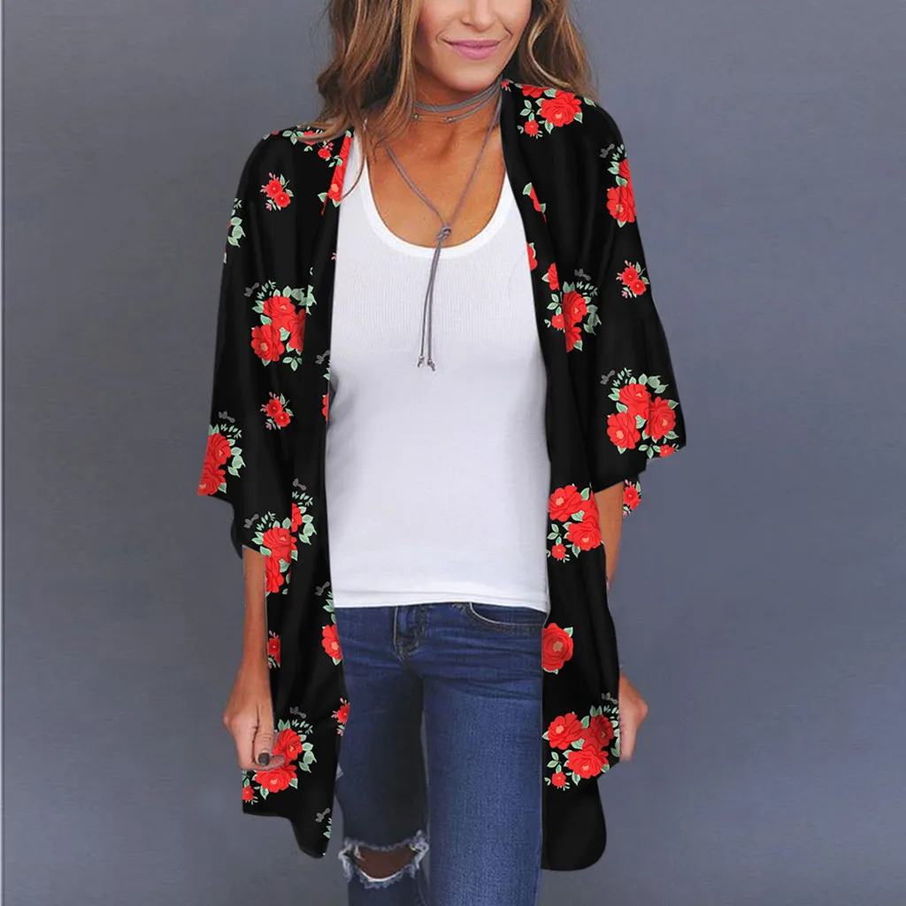 Женское шифоновое кимоно с цветочным принтом пляжный кардиган прозрачная