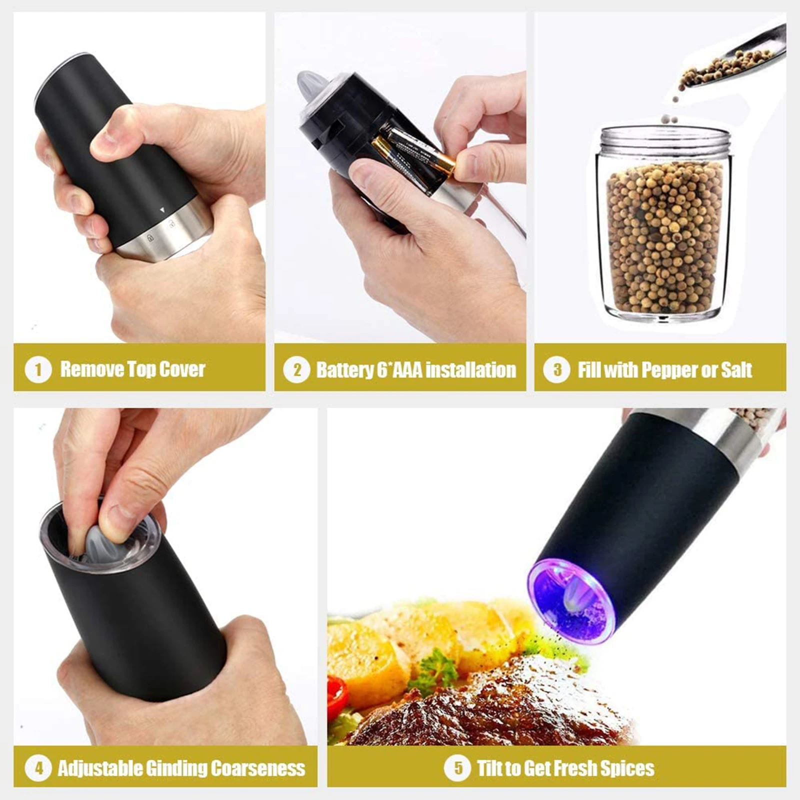 

Electric Salt and Pepper Grinder Stainless Steel Pepper and Salt Mill with Blue LED Light Automatic Pepper Mill Cooking Tools