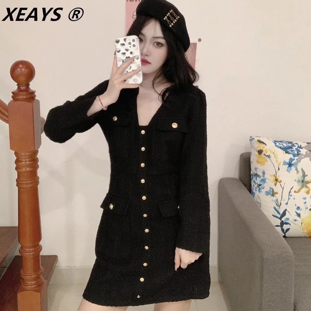 

Женское твидовое платье с V-образным вырезом и длинным рукавом