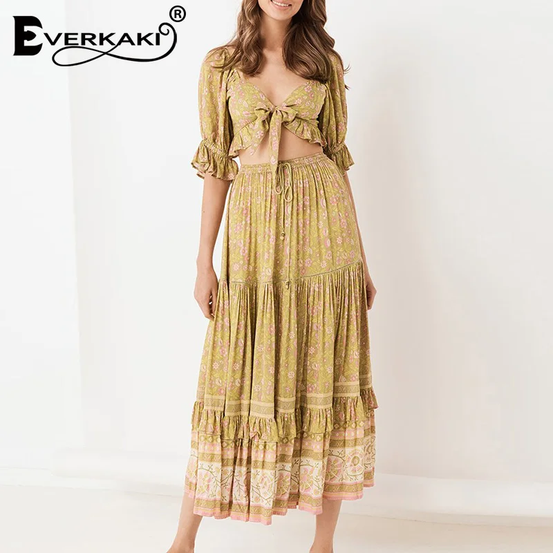 Everkaki Boho Цветочная длинная юбка с принтом женские кисточки пояса эластичная талия цыганские летние женские длинные юбки женские Осень Новые