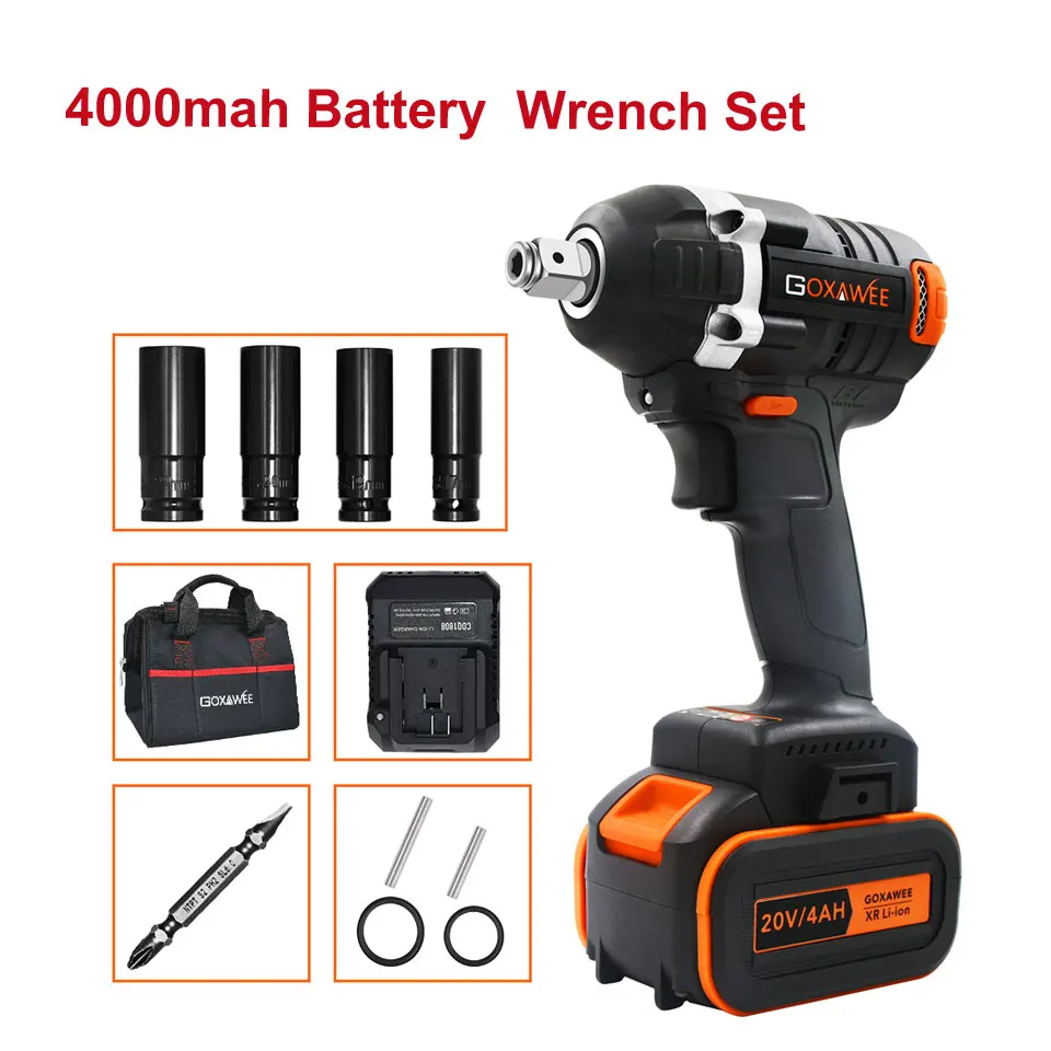 4000MAH Wrench Set GOXAWEE 20V бесщеточный Электрический Аккумуляторный ударный гайковерт разъем ведущего колеса ключ, дюймовый стандарт 4000 мА/ч, Батарея ручная дрель Установка Мощность инструменты - Цвет: 4000MAH Wrench Set