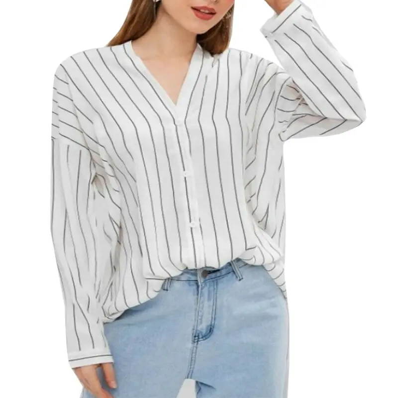 

Women Ladies Striped Long Sleeve V Neck Blouse Top Casual Formal Classic Shirt