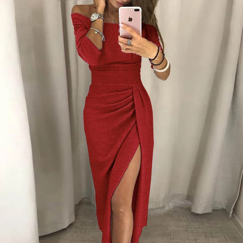 Red Lipswag 3XL сексуальные платья для вечеринок с открытыми плечами женское облегающее платье с высоким разрезом осень рукав три четверти яркое шелковое блестящее платье - Цвет: Red