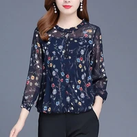 spring new long sleeve chiffon blouses top o neck floral bottoming shirt blusas 5xl