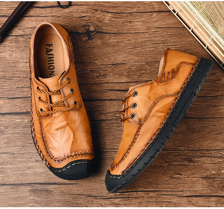 Hot Sale Leather Men Flats Shoes Hand Sewing Men Oxfords Zapatos Hombres Trendy Men Leather Lace Up Shoes High Quality Moccasins