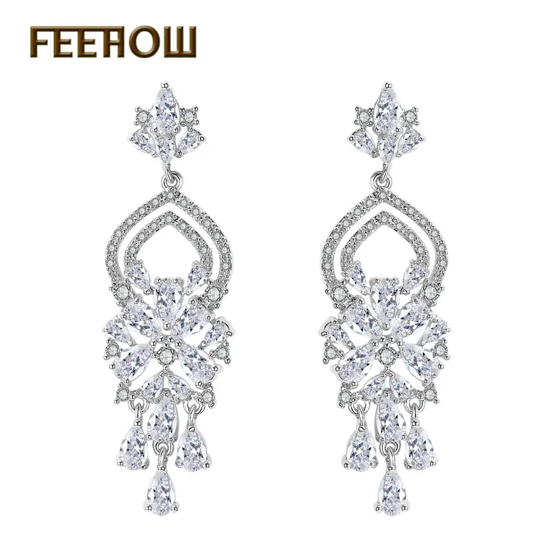 FEEHOW роскошные свадебные висячие серьги с кубическим цирконием ААА в форме люстры