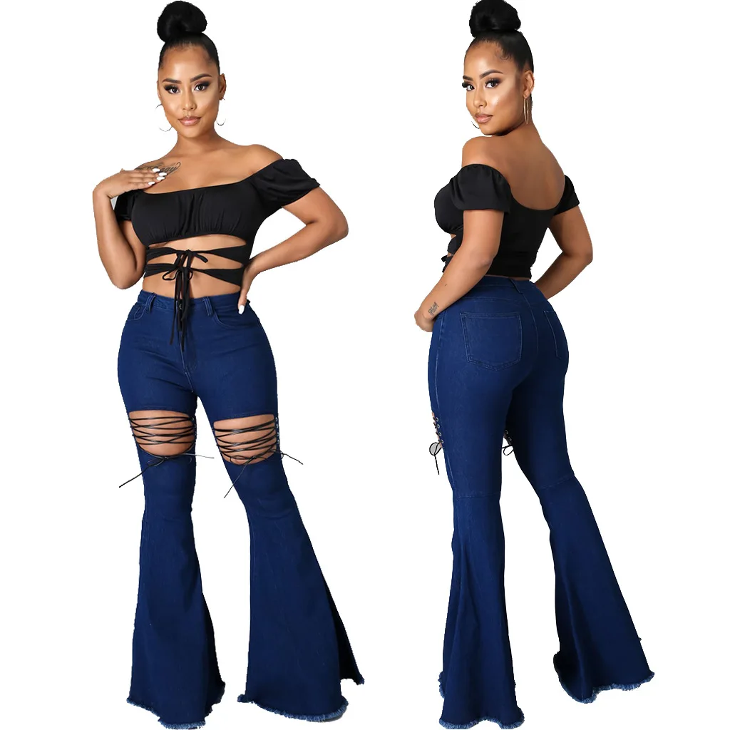 

Fashion Ripped Flared Jeans Mopping Pants Slim Jeans Strappy Trousers 3XL Size Women's Jeans Y2K Super Stretch Women's Jeans