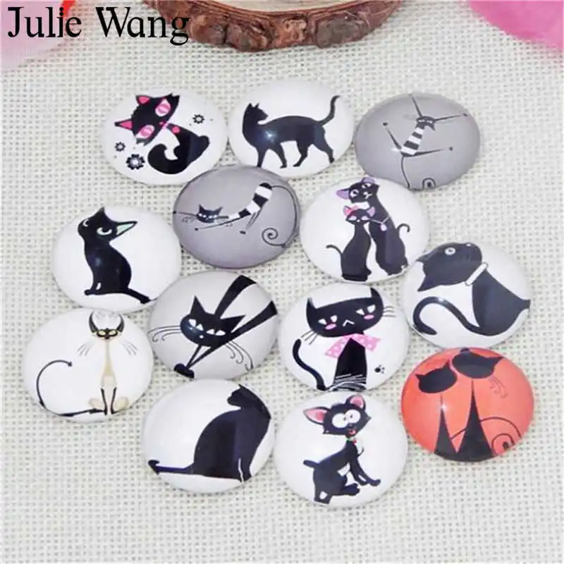 Julie Wang 8 30 мм стеклянные черные коты кабошоны круглые Фото Случайные Смешанные