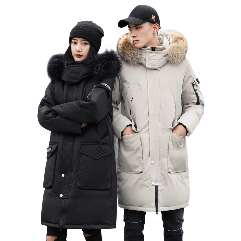 Down jacket for men's mid - length hooded and large - collar couples down jacket for cool fashion warm coat