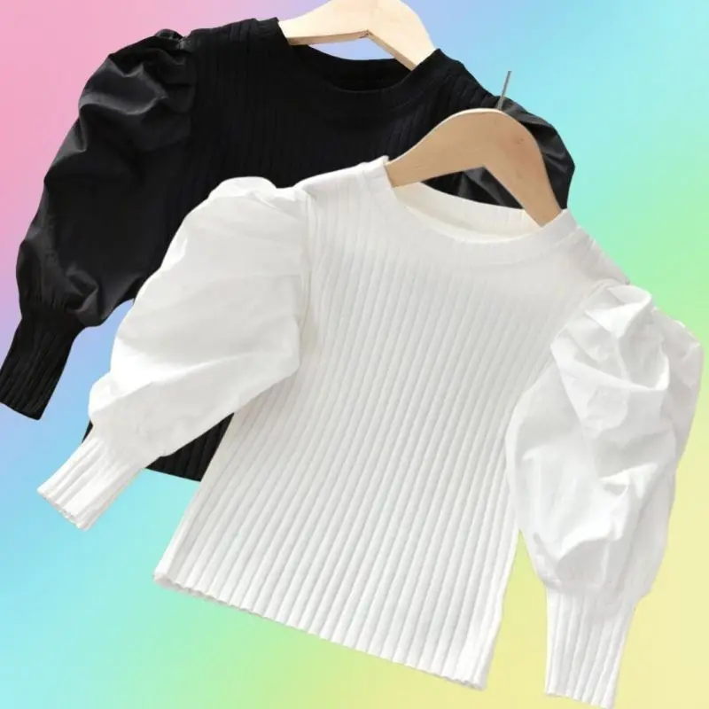 

Girl Clothes Spring Puff Sleeve Fashion Princess Blouse Black White T-Shirt Kids Autumn Toddler Children Clothing Girls Top
