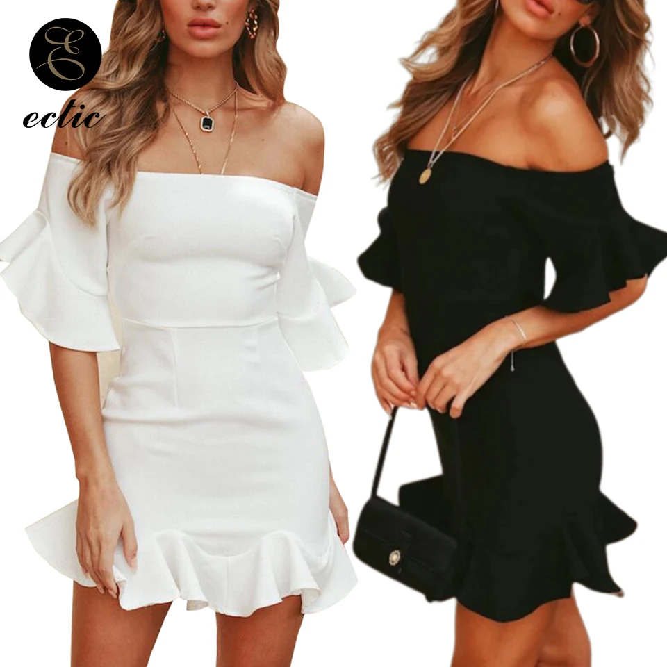 

Ruffle Wrist Sleeve Hem Dress Sukienka Off Shoulder Knitted Slim Mini Dress Sexy Club Wear Women Robe Femme Ete 2021 Plain Dress