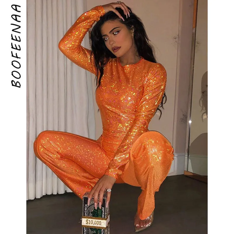 BOOFEENAA Kyliejenner блестящий оранжевый комплект из двух предметов топ и брюки женские