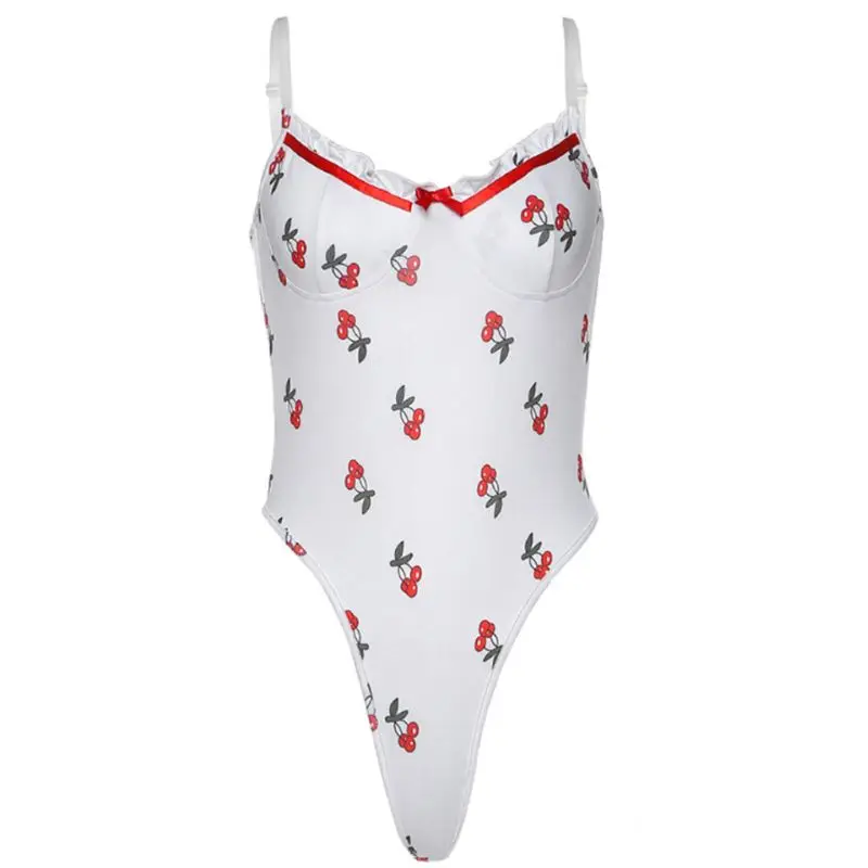 

Women Spaghetti Strap Bodysuit Cherry Print Ruffles Sexy V-Neck Backless Leotard