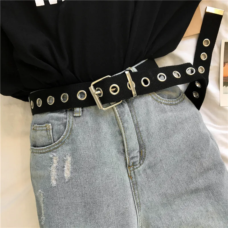 

Long Personality Harajuku Casual Ring Black Metal Belt Students Jean Canvas Waist Belts Tide Silver Pin Buckle