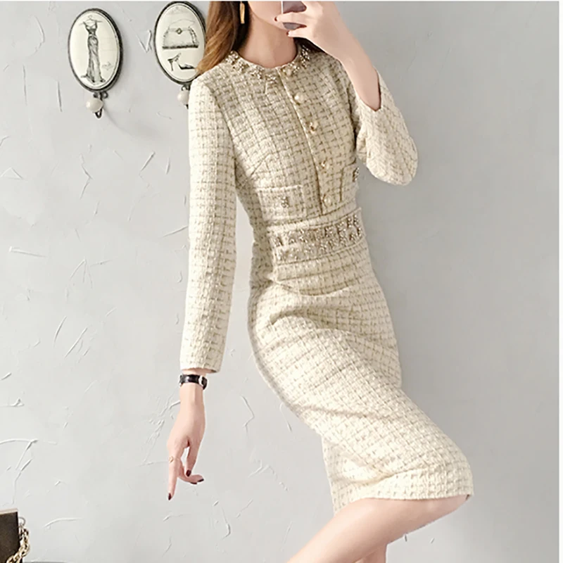 2019 Новое Осеннее твидовое Платье женское весеннее Винтажное с отделкой бусинами