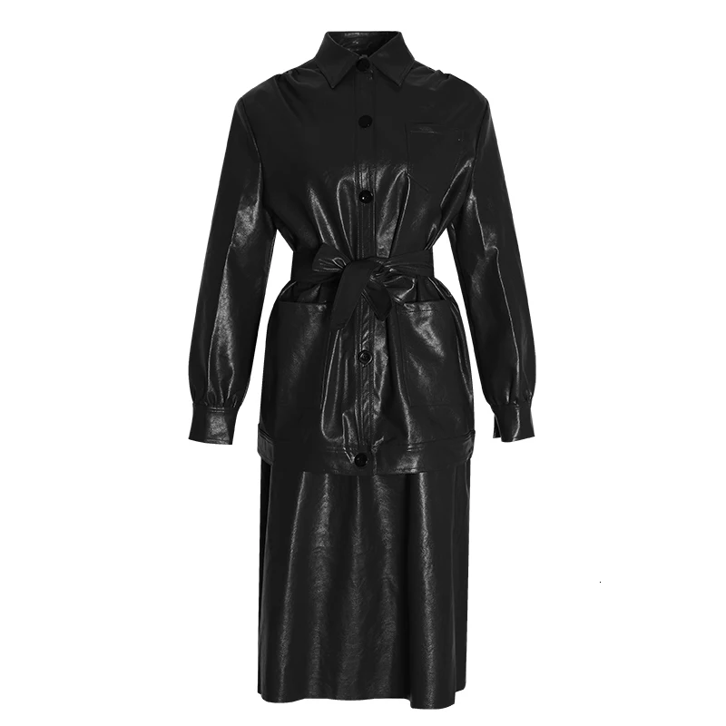 

VGH Streetwear PU Set For Women Lapel Long Sleeve High Waist With Sashes Ruched Loose Skirts Elegant Sets Female Fashion Clothes