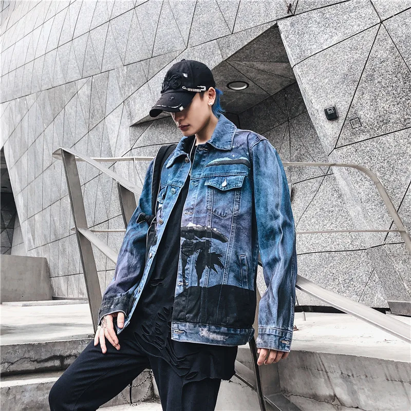

Men Jean Coats Street Hipster Hip Hop Night Wolf Howling Printed Spring Autumn Mens Fashion Loose Ripped Denim Jackets Outerwear