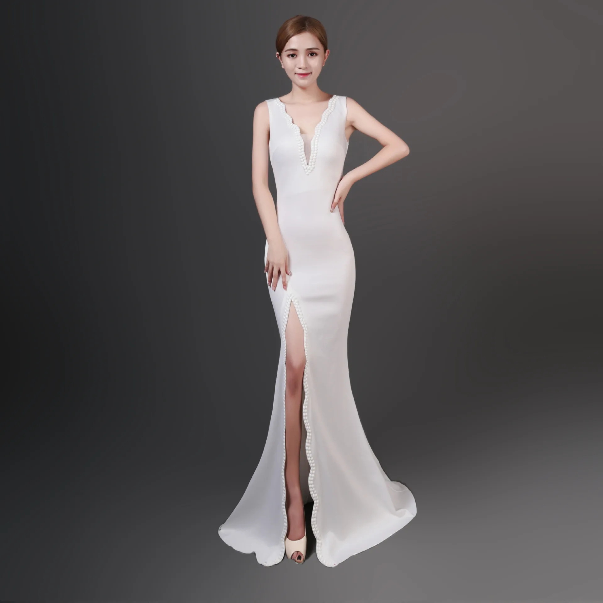 

Fashion V Neck Short Sleeve High Split Mermaid Evening Dress Floor-length Long Fromal Prom Gowns Abendkleider