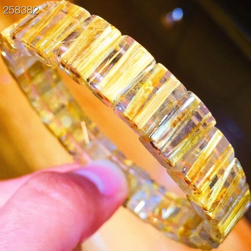 

Genuine Natural Gold Rutilated Quartz Bracelet Bangle Titanium 11.7x7.9mm Clear Rectangle Beads Luxury Bracelet Bangle AAAAAA