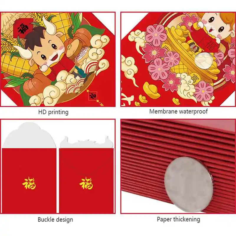 

2021 New Year Cartoon Red Envelopes Three-dimensional Special-shaped Red Envelope Spring Festival Thickened Red Packets 6 Pcs