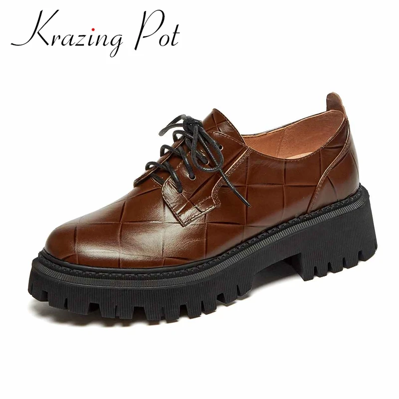 

Krazing Pot new arrival genuine leather round toe med heels Korean girls solid vintage preppy style cozy lace up women pumps L29