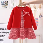 Комплект для девочек из 2 предметов, вязаный кардиган с длинным рукавом и свитер в клетку без рукавов