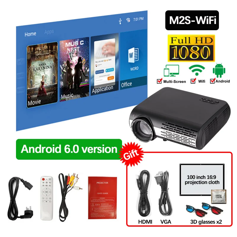 ALSTON M2/M2W FULL HD 1080P светодиодный проектор домашний мультимедийный проектор на выбор Android Версия wifi HDMI USB VGA Bluetooth с подарком - Цвет: M2W-HD