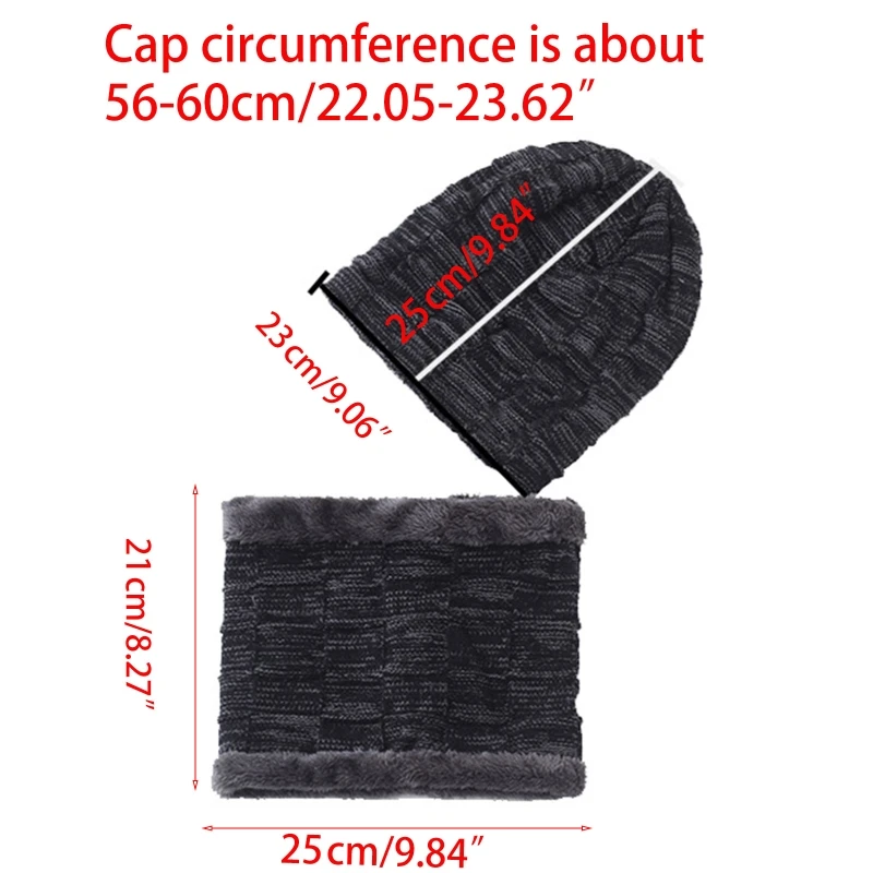 

2 Pieces Men Women Winter Beanie Hat Circle Scarf Set Thick Plush Lined Plaid Knitted Skull Cap Windproof Neck Warmer