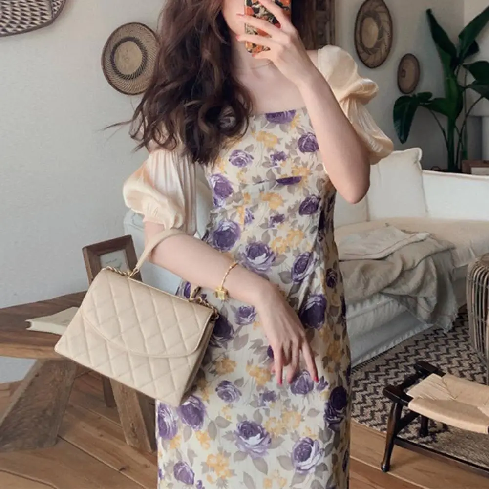

Lady Maxi Dress Square Neck Puff Sleeve Polyester Floral Printed Streetwear for Daily Wear