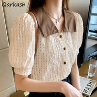 shirts women summer apricot vintage classy chiffon puff sleeve french style patchwork elegant temperament chic tops ins camisas